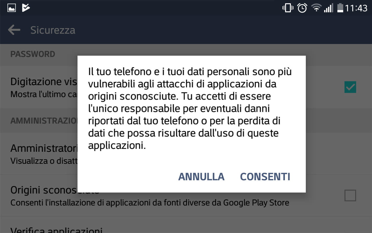 Una finestra di dialogo per accettare il dowload app casino da sorgenti sconosciute