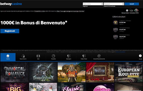 La homepage del casinò Betway.