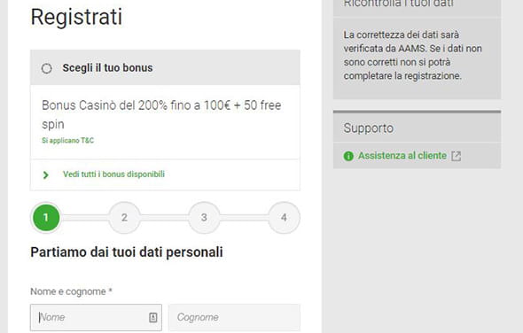 Modulo di registrazione di Unibet casinò. Una volta compilato sarete pronti ad iniziare a giocare!