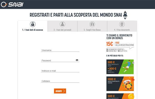 Il modulo di registrazione del casinò SNAI.