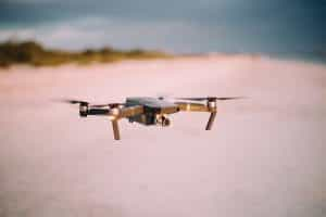 A racing drone in flight.