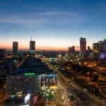 The skyline of Warsaw in Poland at night.