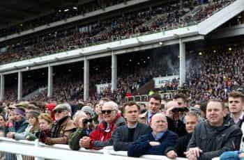 Huge crowds in the Cheltenham grandstands waiting for race action to start.