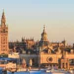 The Cathedral of Saint Mary of the See, Seville, Spain, at sunset.