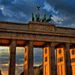 The Brandenburg Gate viewed at sunset.